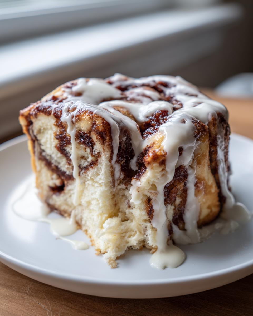 A close-up of a soft slice of cinnamon roll cheesecake covered in thick white icing.