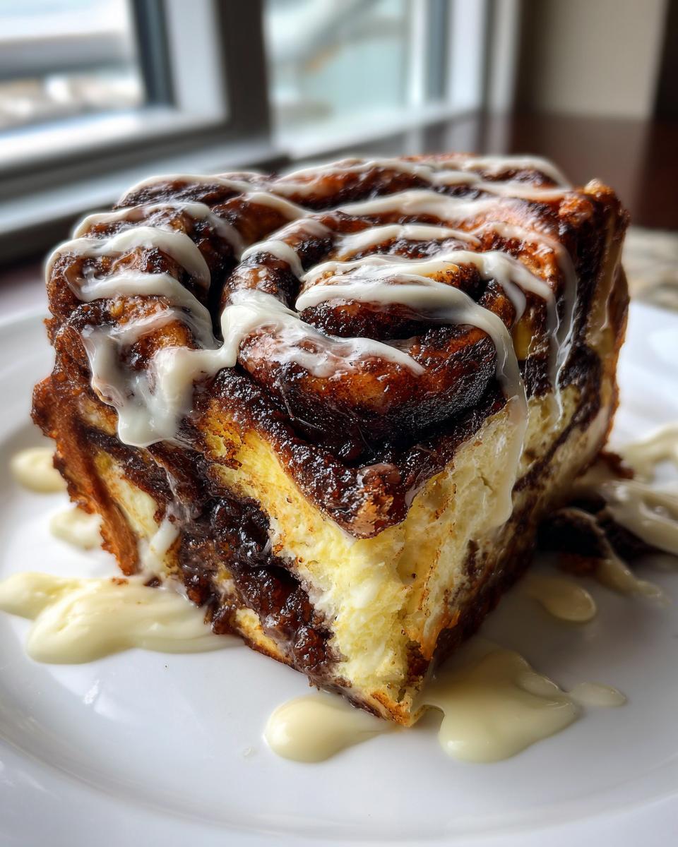 A decadent slice of cinnamon roll cheesecake topped with rich cinnamon swirl and white cream cheese icing.