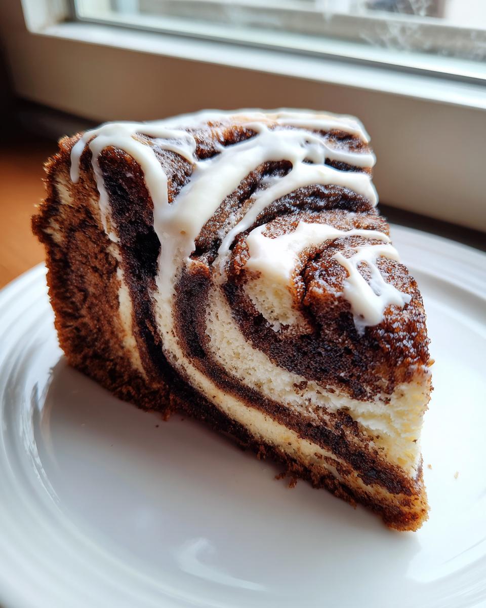 A close-up slice of cinnamon roll cheesecake showing marbled cinnamon and cream cheese layers, topped with white icing.
