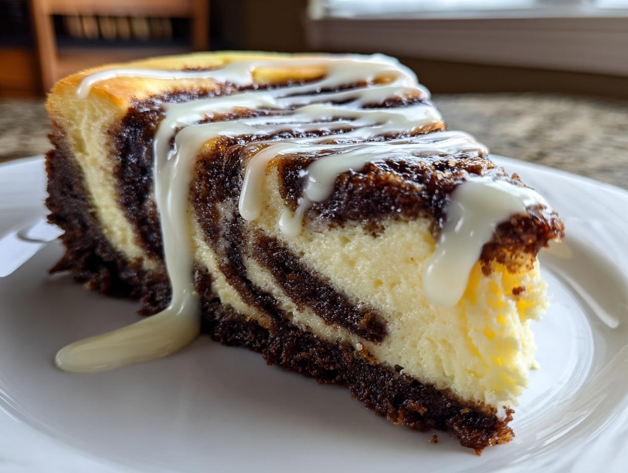 A close-up of a slice of cinnamon roll cheesecake showing marbleized layers and thick white icing dripping down the side.