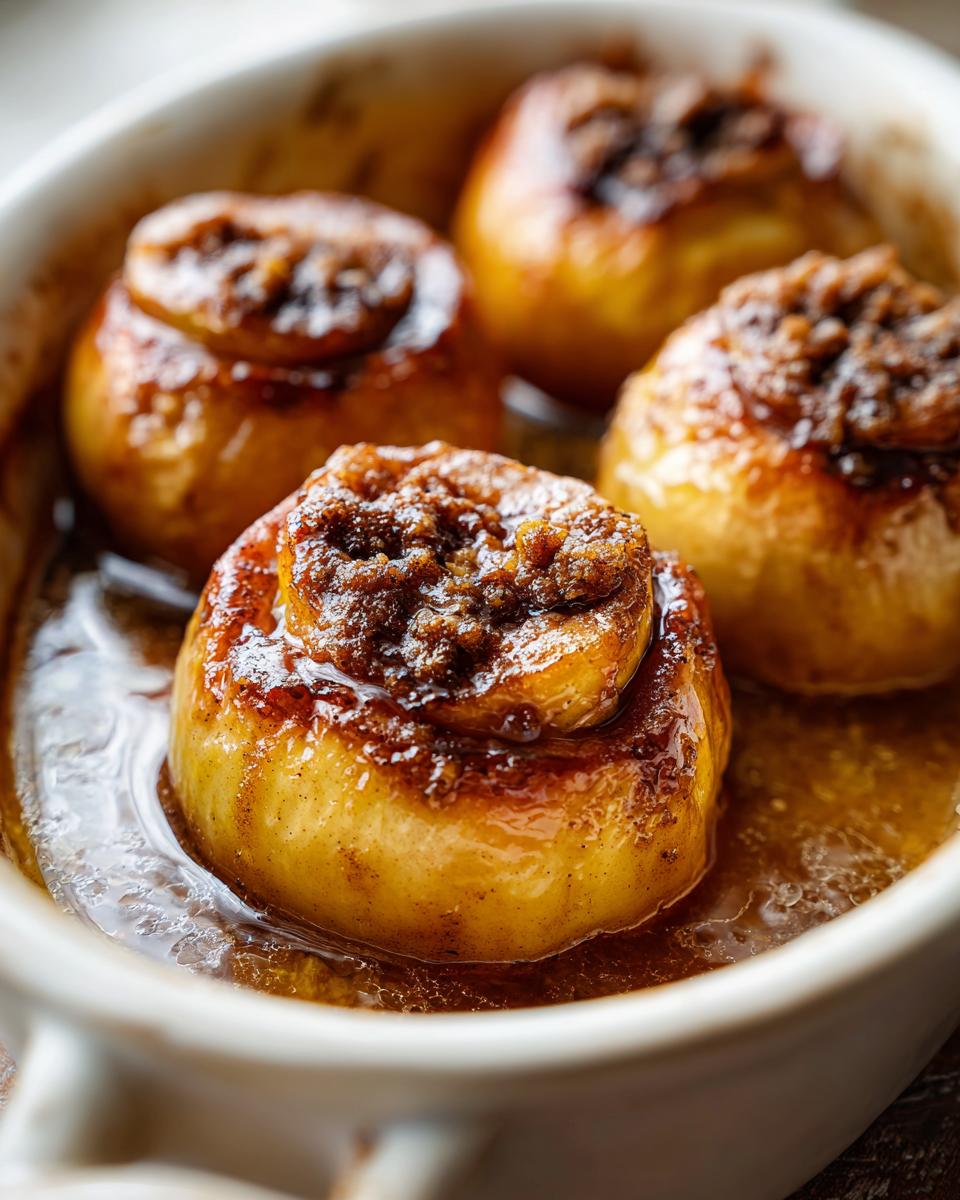 Four glistening baked apples topped with a rich brown sugar and cinnamon mixture, sitting in a syrupy sauce.