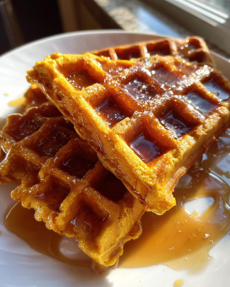 Close-up of golden brown pumpkin waffles stacked and drizzled generously with maple syrup.