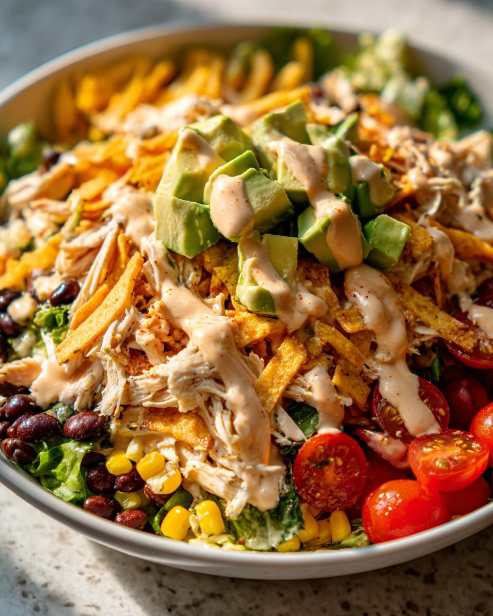 Close-up of a vibrant southwest salad bowl featuring shredded chicken, black beans, corn, tortilla strips, avocado, and creamy dressing.