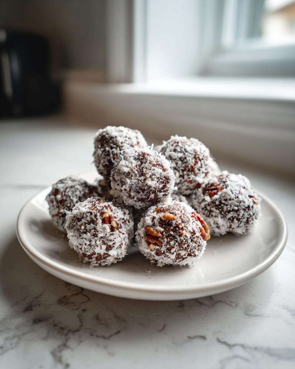A pile of homemade bourbon balls rolled in shredded coconut, resting on a small white plate.