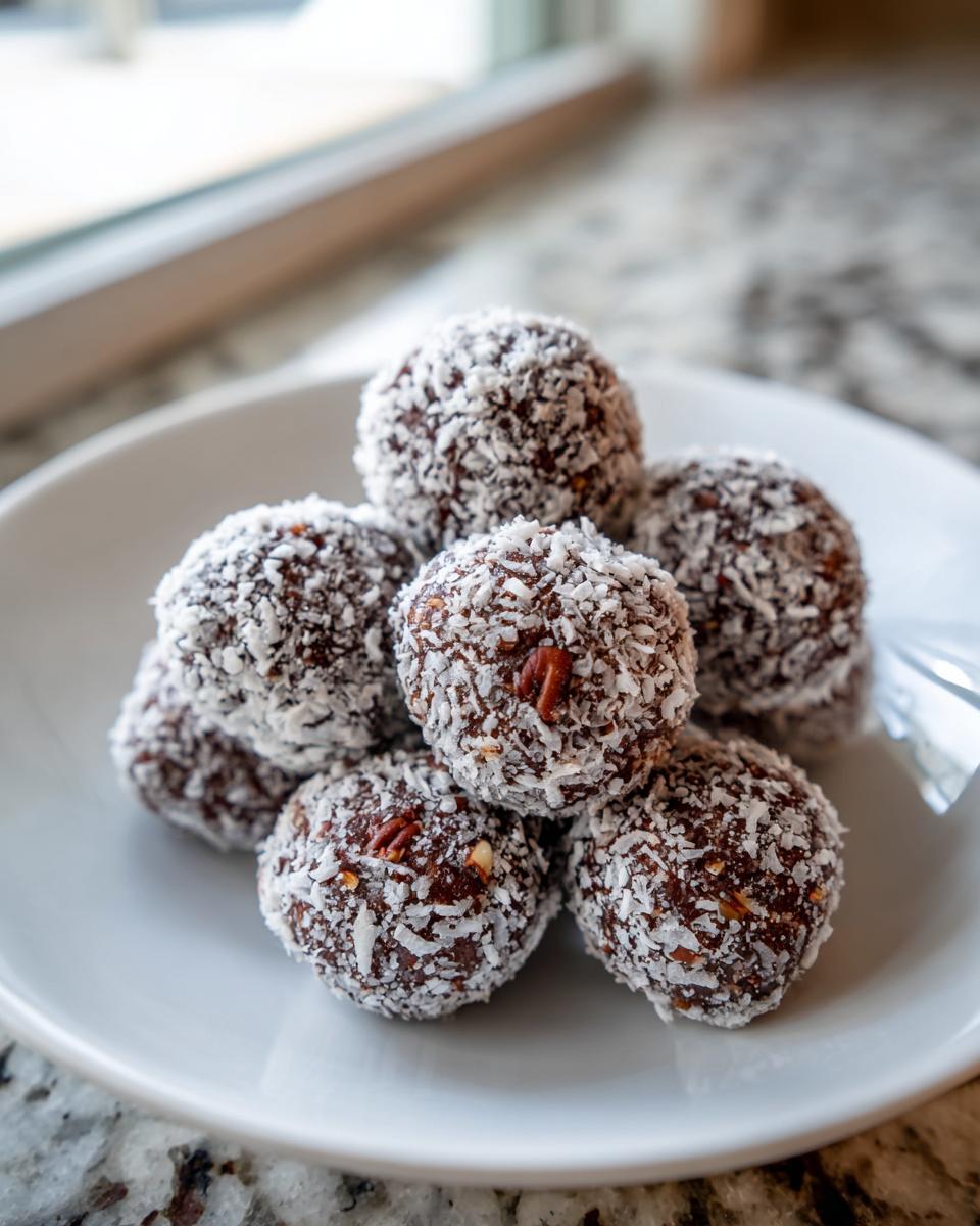 A stack of homemade bourbon balls rolled in shredded coconut, resting on a white plate.