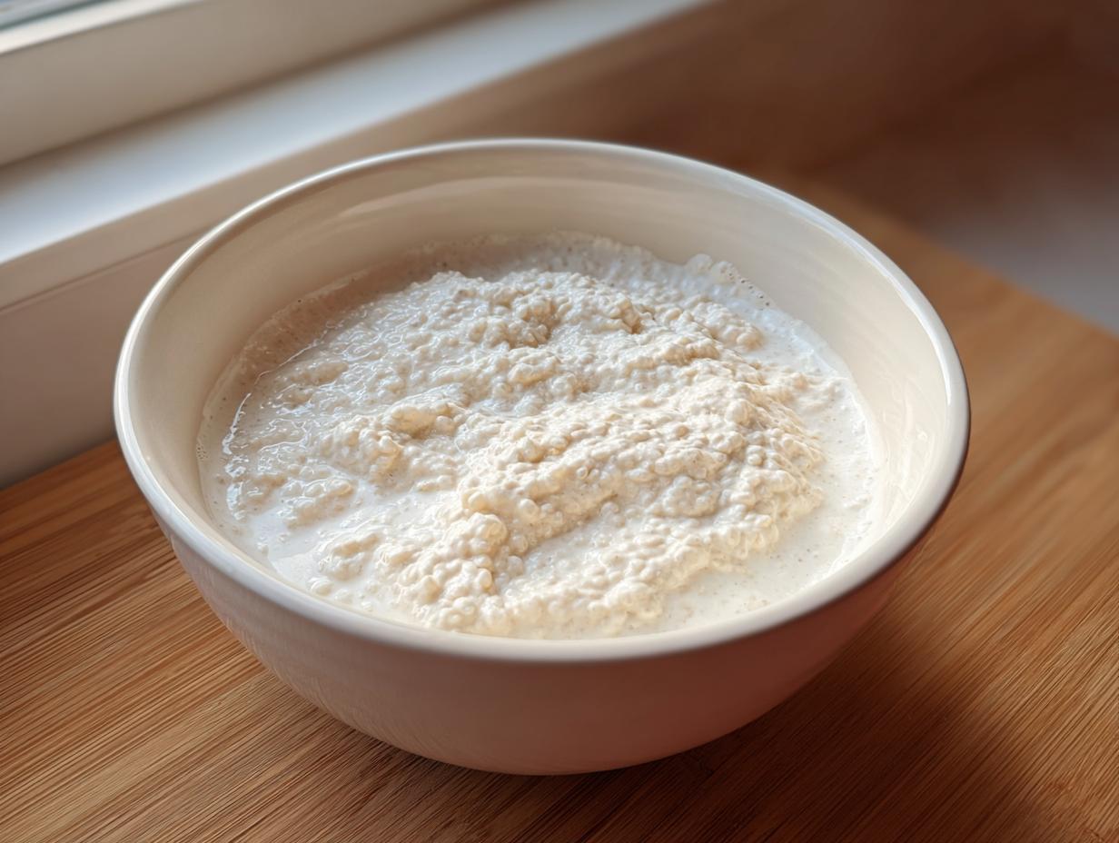 Close-up of a white bowl containing the mixture for coconut chia pudding, showing soaked chia seeds in liquid.