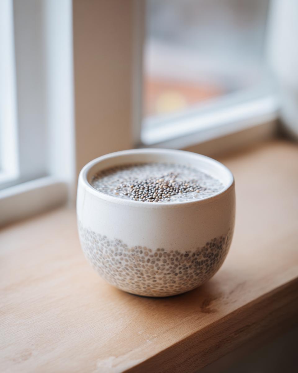 Close-up of chia seeds soaking in liquid, showing the texture forming the base of coconut chia pudding.