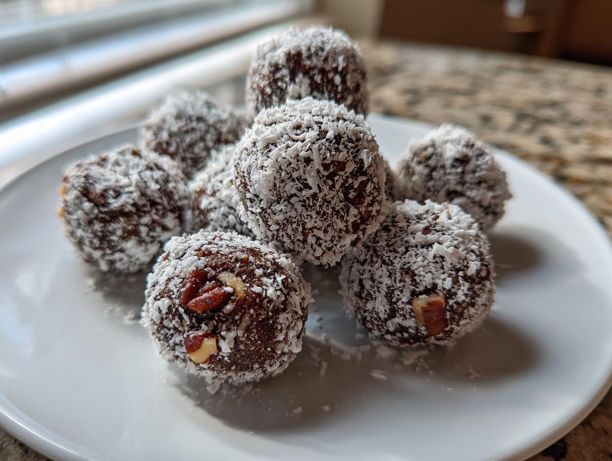 A cluster of homemade bourbon balls rolled in shredded coconut, served on a white plate.