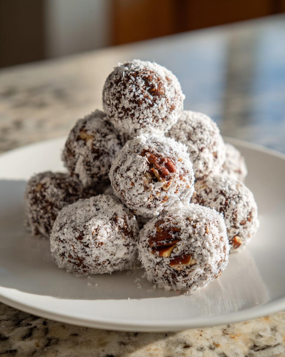 A mound of rich, chocolate bourbon balls rolled in shredded coconut, showing pecans inside.