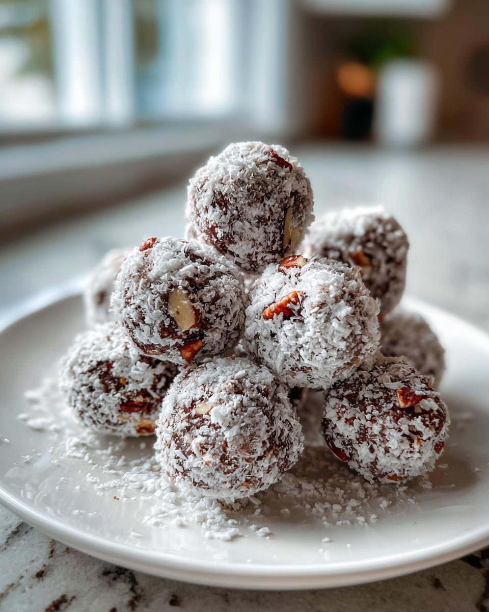 A stack of rich, chocolate bourbon balls coated heavily in shredded coconut, served on a white plate.