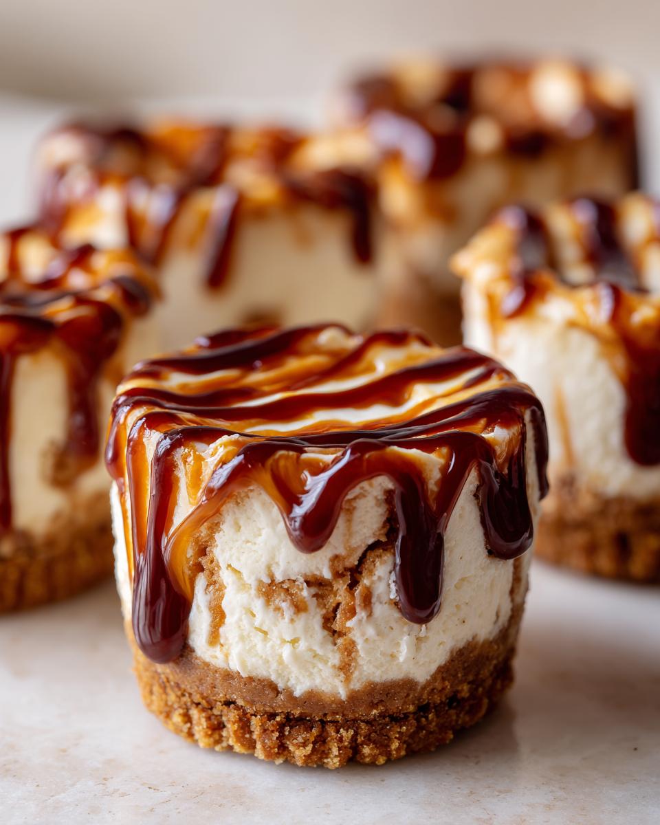 Close-up of a single cookie butter cheesecake cup topped with rich caramel drizzle.