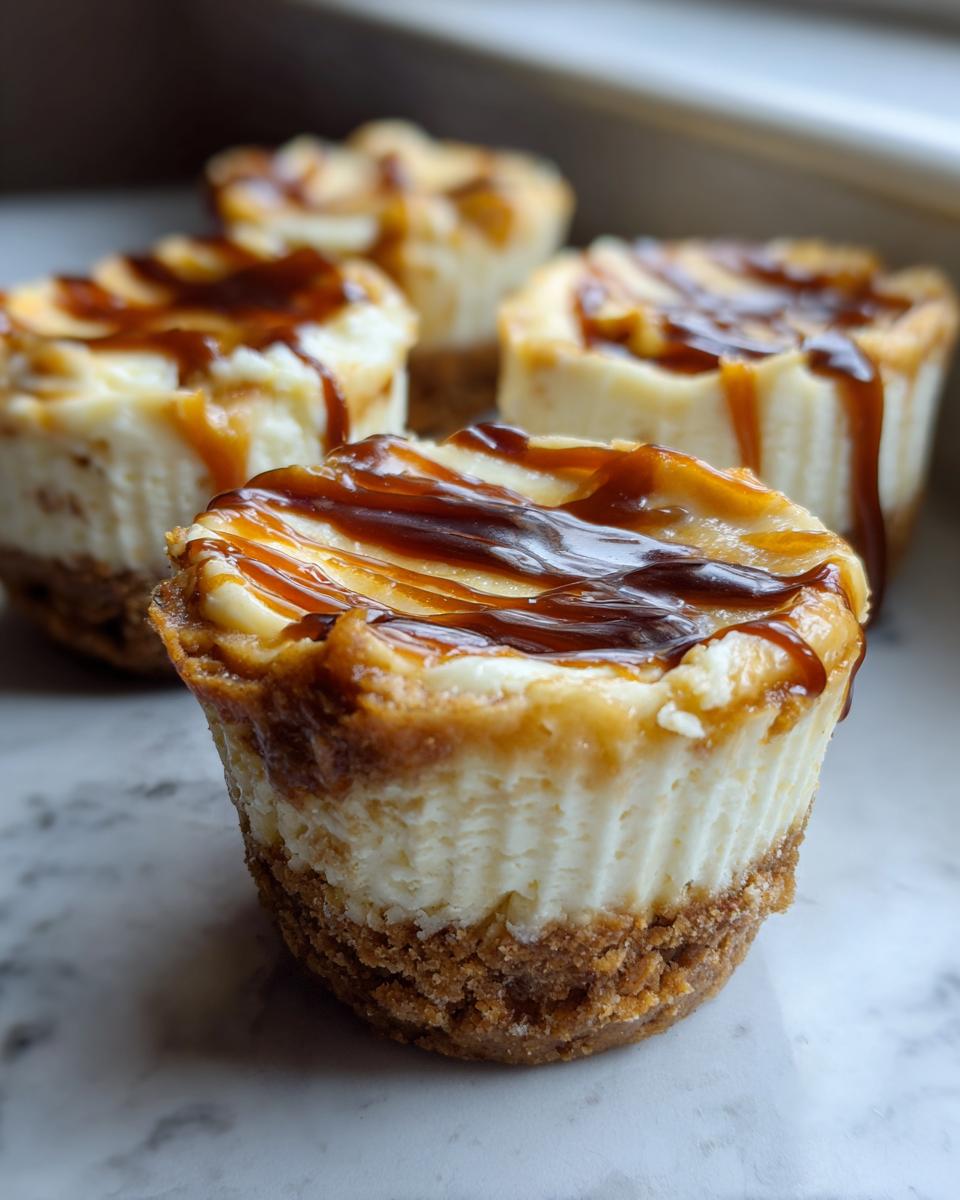 Close-up of individual cookie butter cheesecake cups topped with rich caramel sauce.