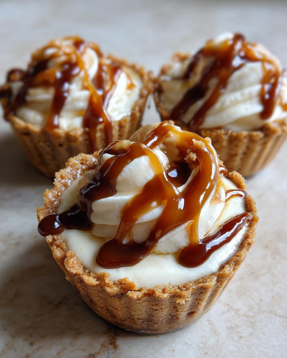 Close-up of three cookie butter cheesecake cups topped with whipped cream and rich caramel drizzle.