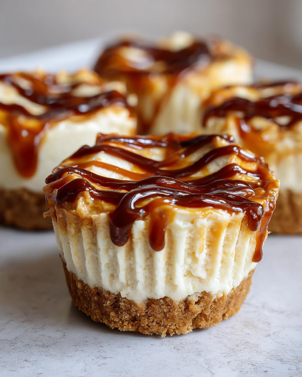 Close-up of a single cookie butter cheesecake cup topped with a generous drizzle of caramel sauce.