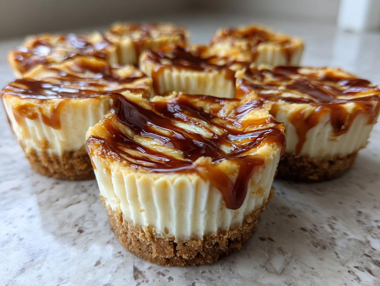 A close-up of several individual cookie butter cheesecake cups topped with a rich caramel drizzle.