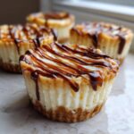 A close-up of one of the delicious cookie butter cheesecake cups topped with caramel and chocolate drizzle.