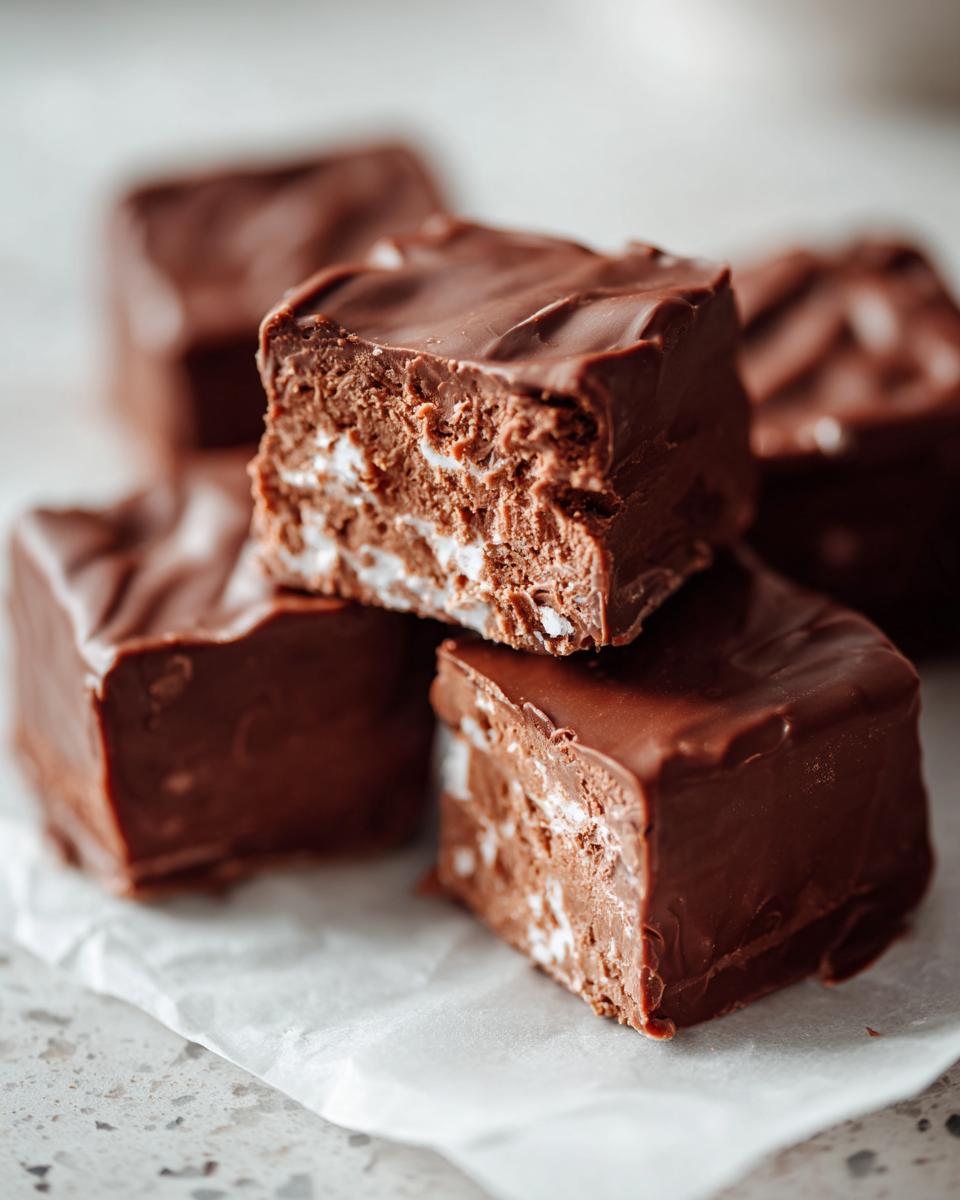 Close-up of several rich chocolate squares of cool whip candy, showing the fluffy white interior.