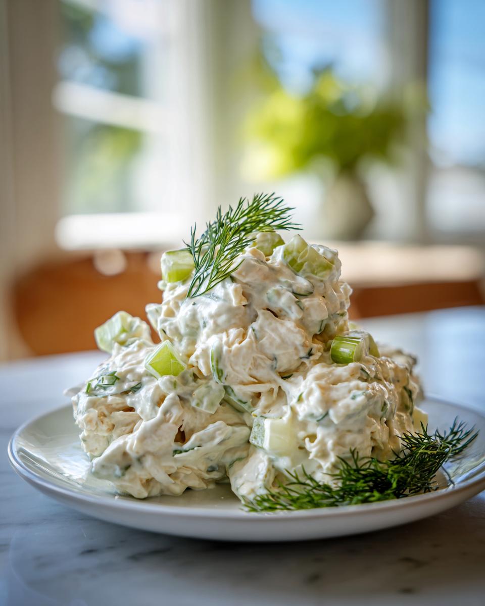 A mound of creamy cottage cheese chicken salad mixed with celery and garnished with fresh dill sprigs.