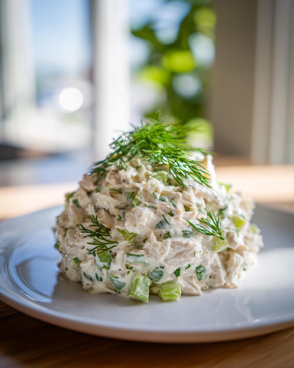 A mound of creamy cottage cheese chicken salad mixed with celery and topped with fresh dill, served on a white plate.
