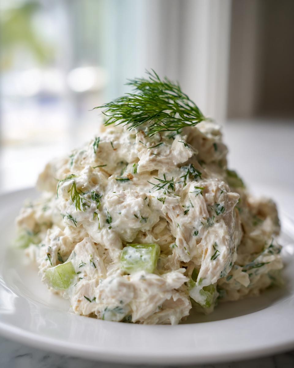 A mound of creamy cottage cheese chicken salad mixed with celery and topped with fresh dill on a white plate.