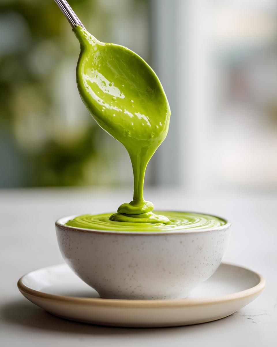 A spoonful of thick, bright green avocado sauce is drizzled into a small white bowl, showing its creamy texture.