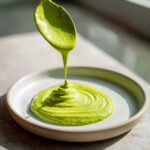 A spoonful of vibrant green, creamy avocado sauce is being drizzled onto a white plate, creating a swirl pattern.
