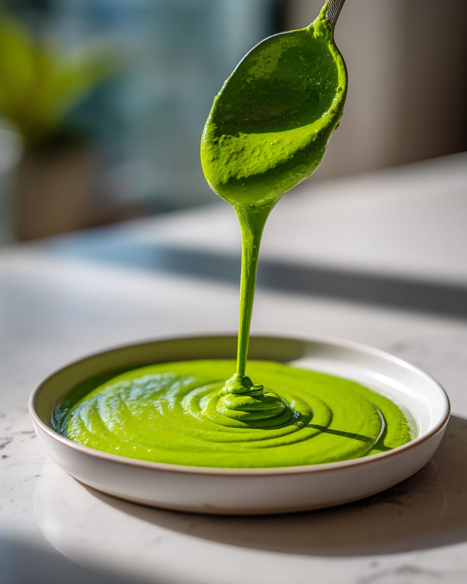 A spoonful of vibrant green, creamy avocado sauce is being poured into a shallow white bowl, creating concentric circles.