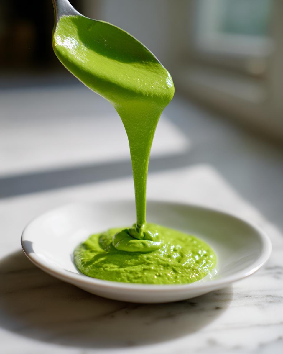 A spoonful of vibrant green, creamy avocado sauce is being poured into a small white dish.