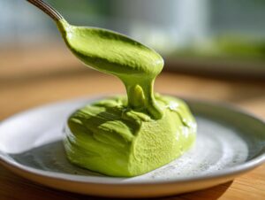 A spoon pours thick, bright green avocado sauce over a dollop of the same sauce on a white plate.