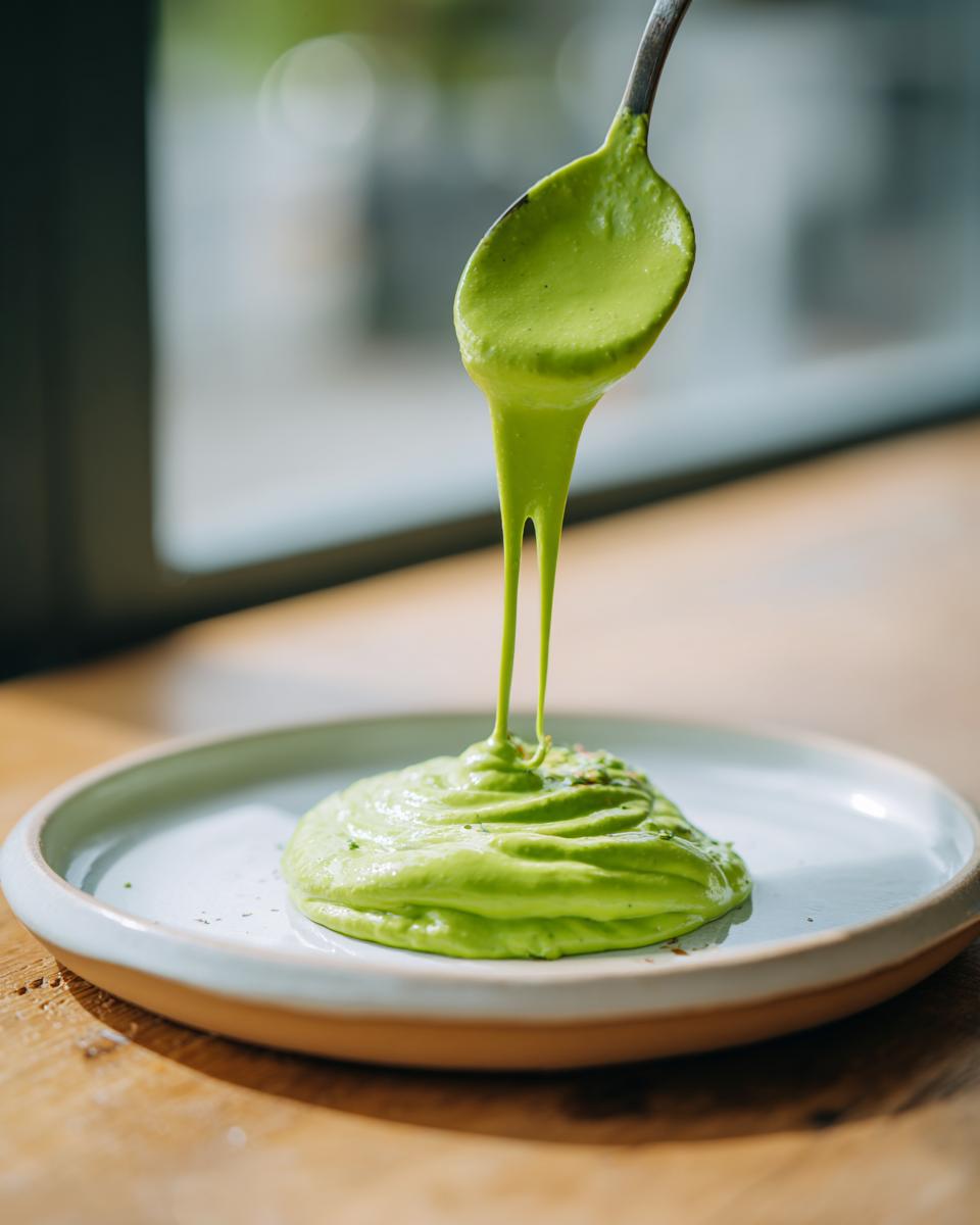 A spoonful of vibrant green, creamy avocado sauce is drizzled onto a small dollop already plated.