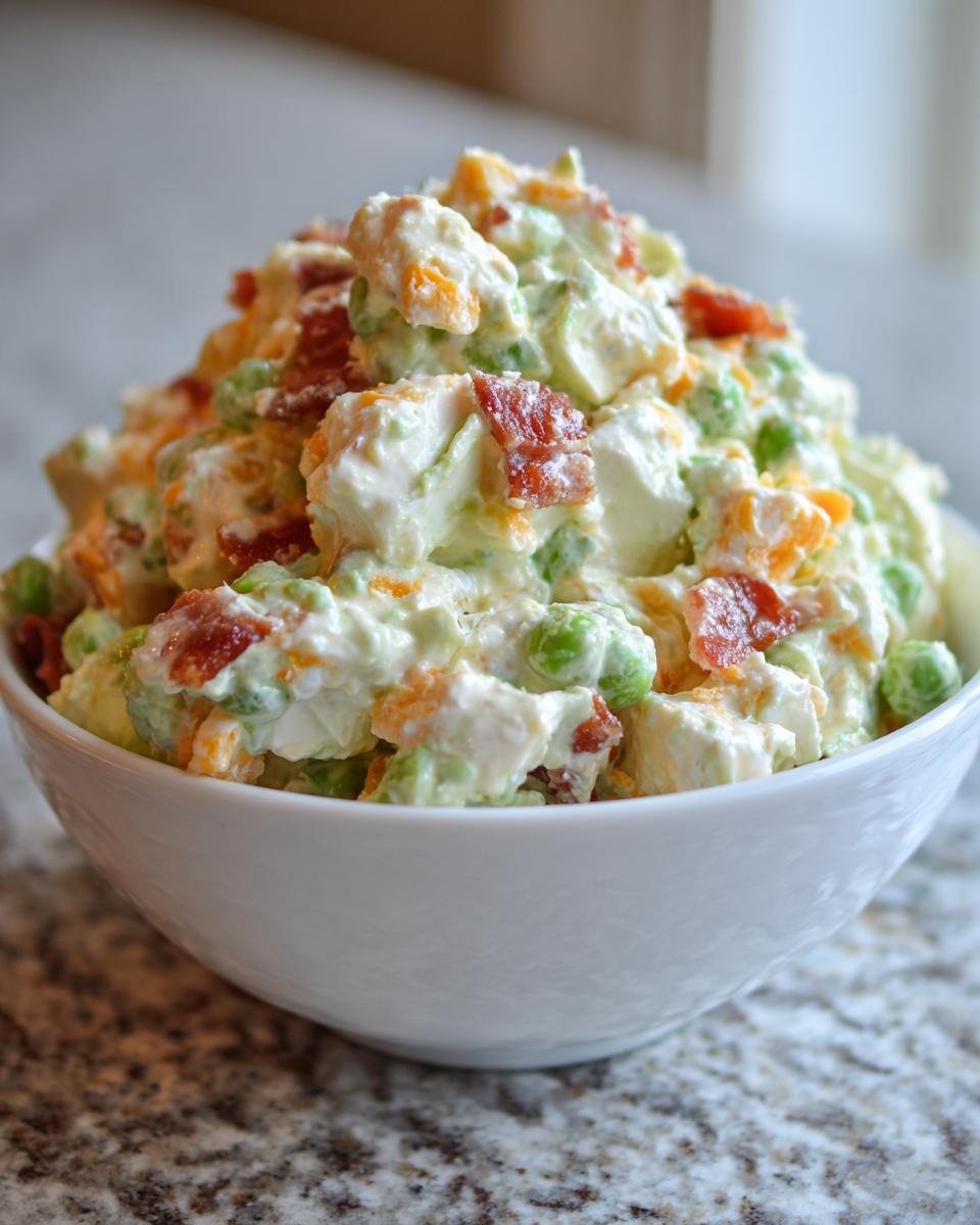 A close-up of creamy pea salad mixed with bacon bits and cheese served in a white bowl.