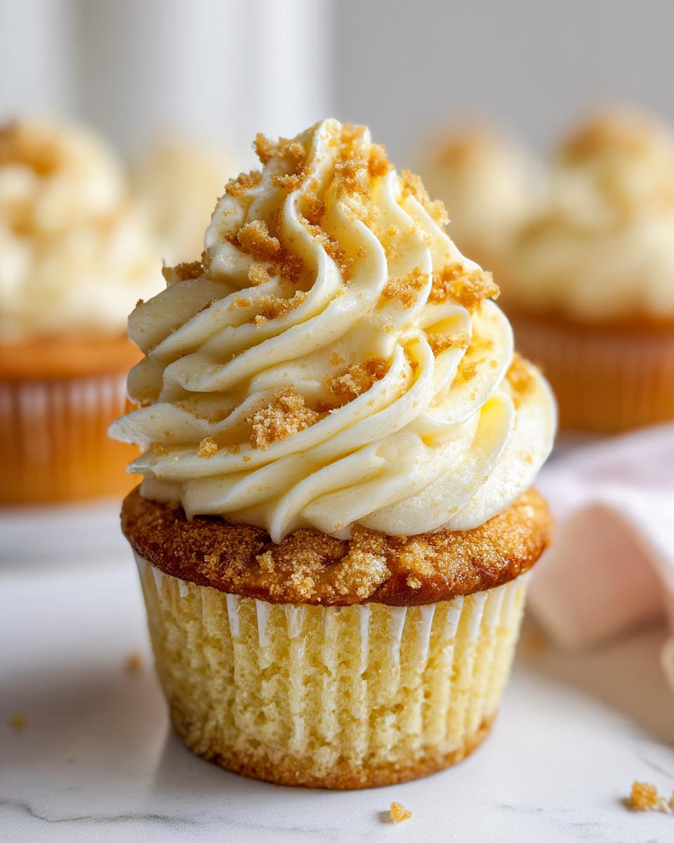 A close-up of a single, perfectly frosted banana pudding cupcakes topped with vanilla frosting and crunchy wafer crumbs.