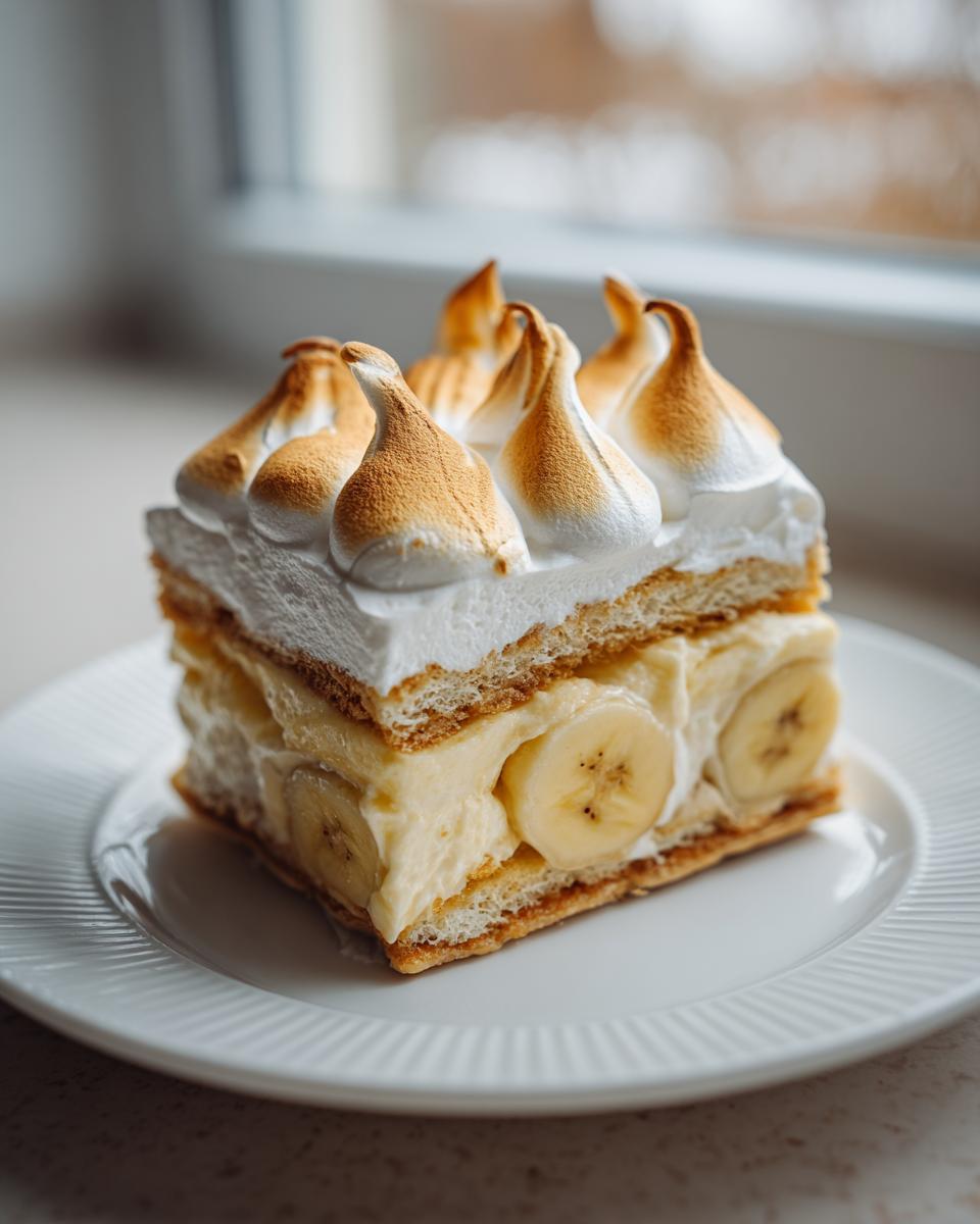 A square slice of layered banana pudding featuring creamy filling, sliced bananas, and toasted meringue peaks.