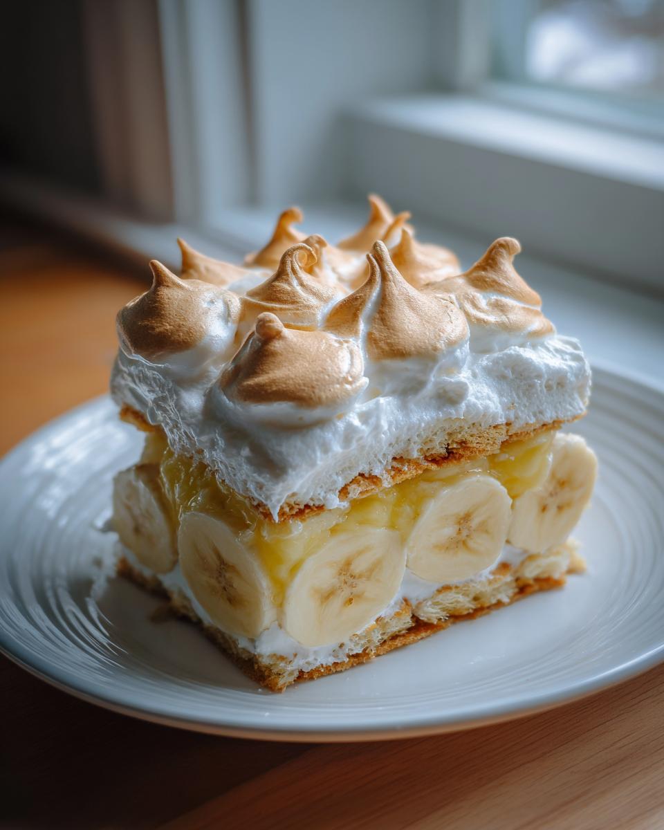 A layered slice of shocklingly creamy banana pudding topped with peaks of toasted meringue, served on a white plate.