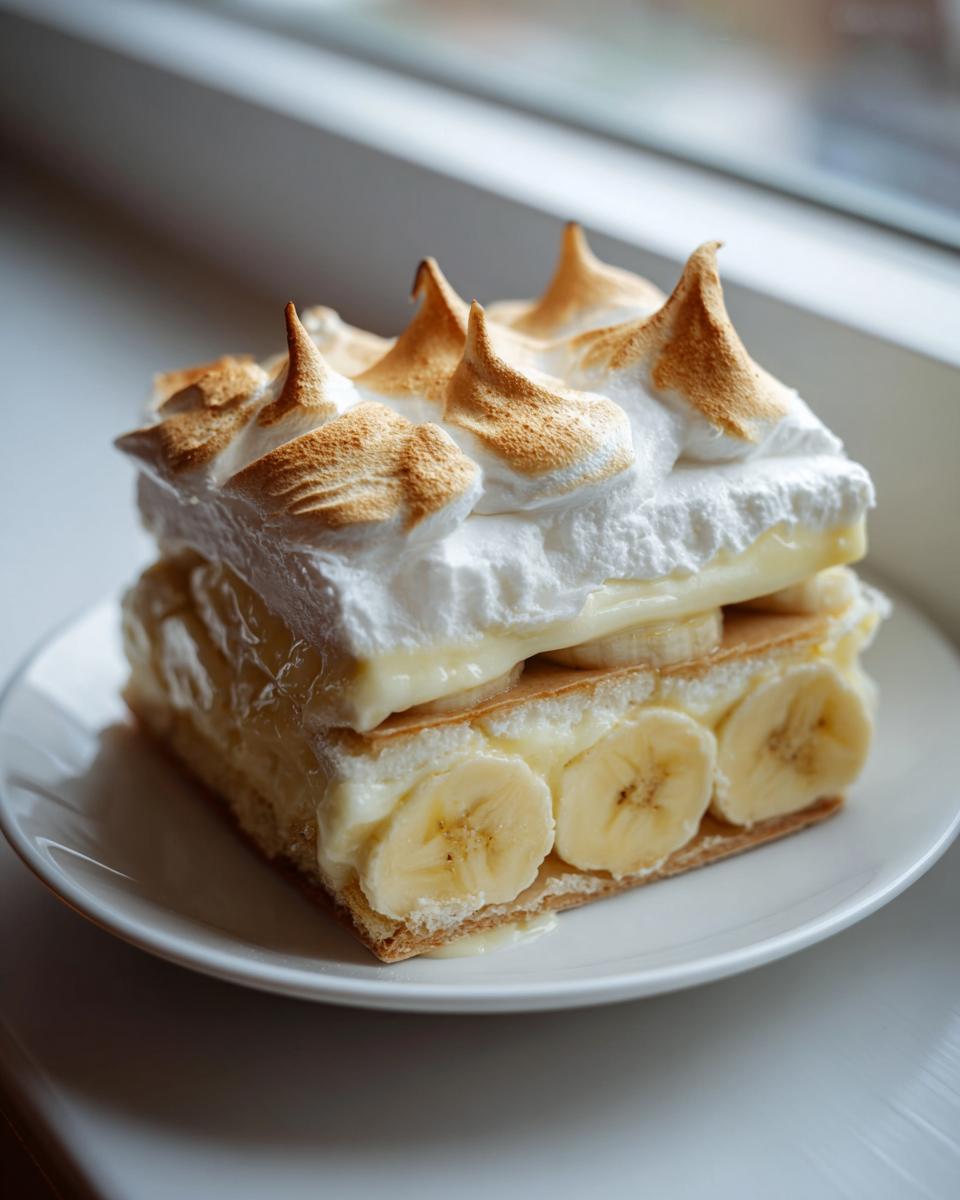 A layered slice of creamy banana pudding topped with perfectly toasted meringue peaks on a white plate.