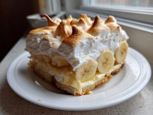 A thick, layered slice of banana pudding topped with perfectly browned, peaked meringue and fresh banana slices.