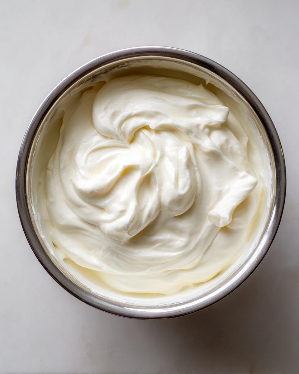 Overhead view of a stainless steel bowl filled with a thick, creamy white base mixture for the horseradish sauce.