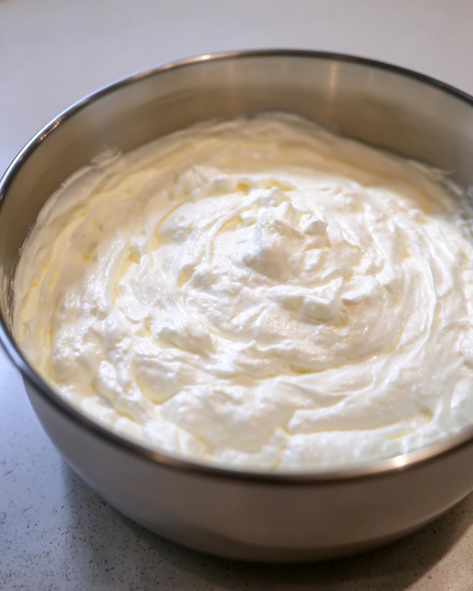 Close-up of creamy white base mixture, likely sour cream or whipped cream, ready for horseradish addition.