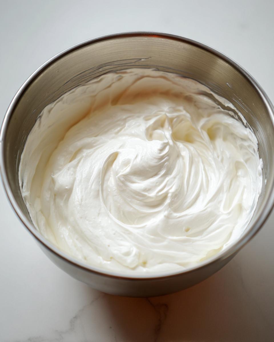 Close-up of creamy white base mixture, likely sour cream or mayonnaise, for homemade horseradish sauce.