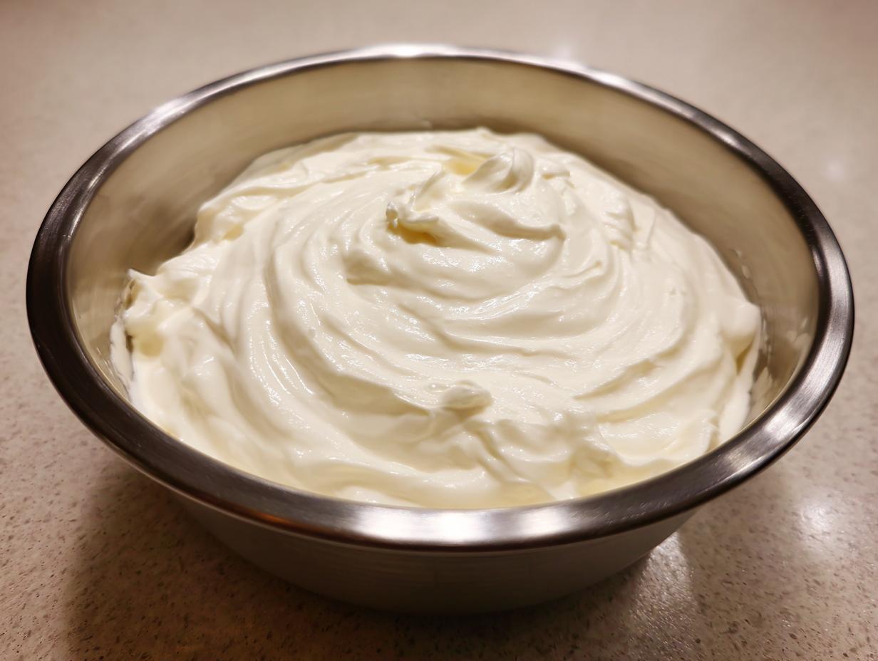 A stainless steel bowl filled with thick, creamy white sauce, likely the base for the horseradish sauce.