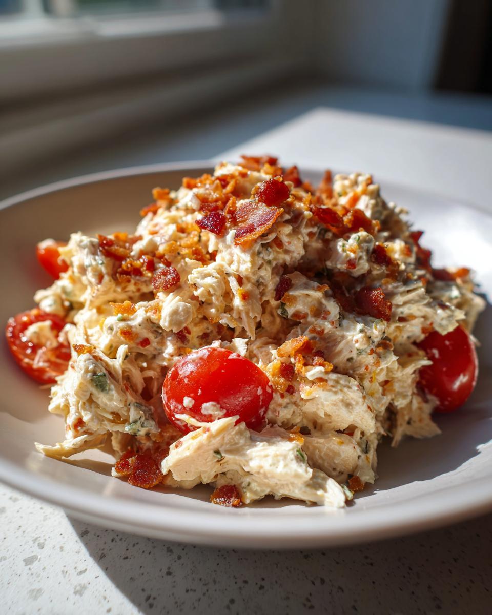 A close-up of creamy blt chicken salad mixed with cherry tomatoes and topped generously with crispy bacon crumbles.