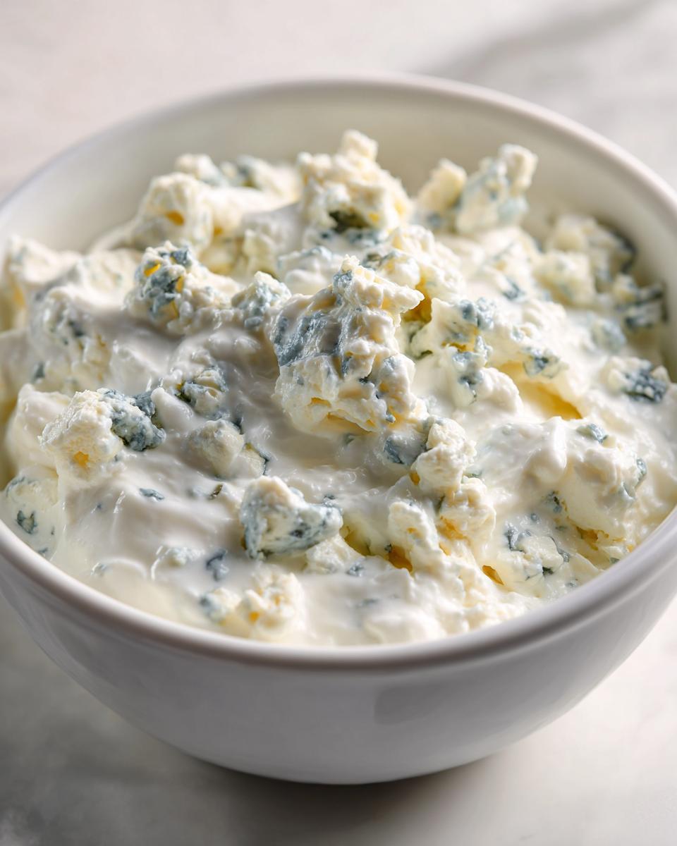 A close-up shot of a white bowl filled with creamy blue cheese dip, featuring visible crumbles of blue cheese.