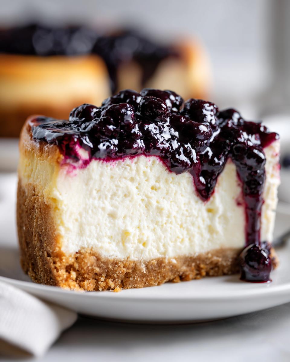 A close-up of a perfect slice of creamy blueberry cheesecake with a thick graham cracker crust and rich blueberry topping.
