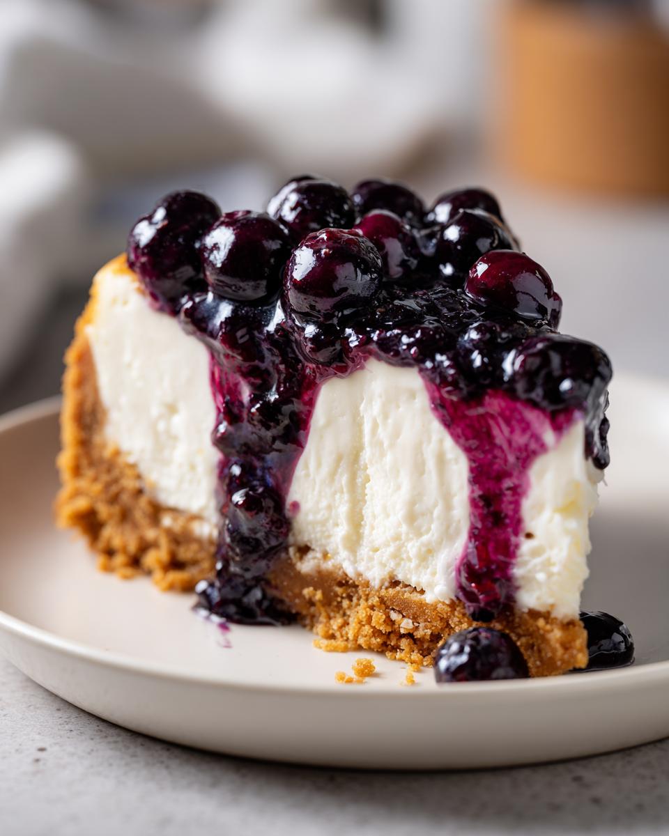 A close-up of a perfect slice of creamy blueberry cheesecake with a thick graham cracker crust and rich blueberry topping.