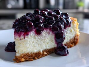 A close-up of a perfect slice of creamy blueberry cheesecake topped generously with rich blueberry compote.