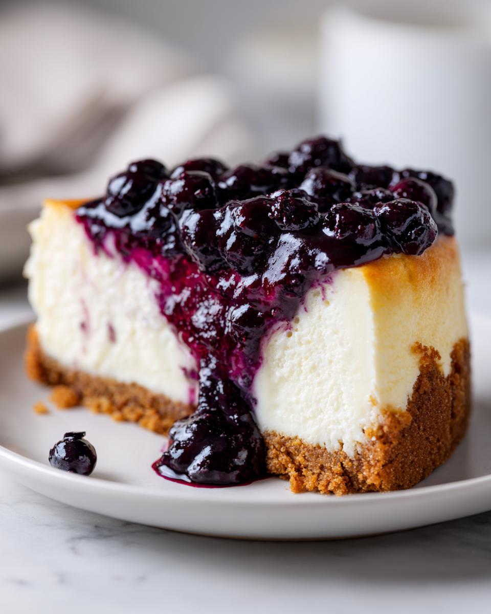 A close-up of a perfect slice of creamy blueberry cheesecake with thick blueberry topping dripping down the side.
