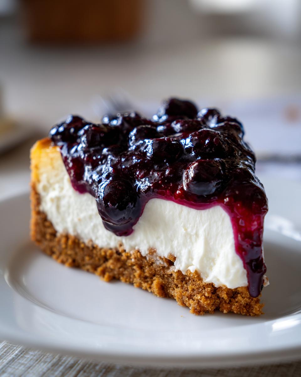 Close-up of a perfect slice of blueberry cheesecake showing the creamy filling and thick graham cracker crust.