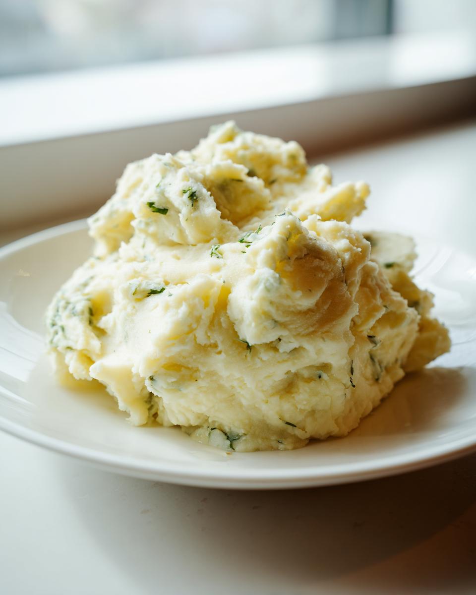 A generous serving of creamy Boursin mashed potatoes mixed with visible green herbs on a white plate.