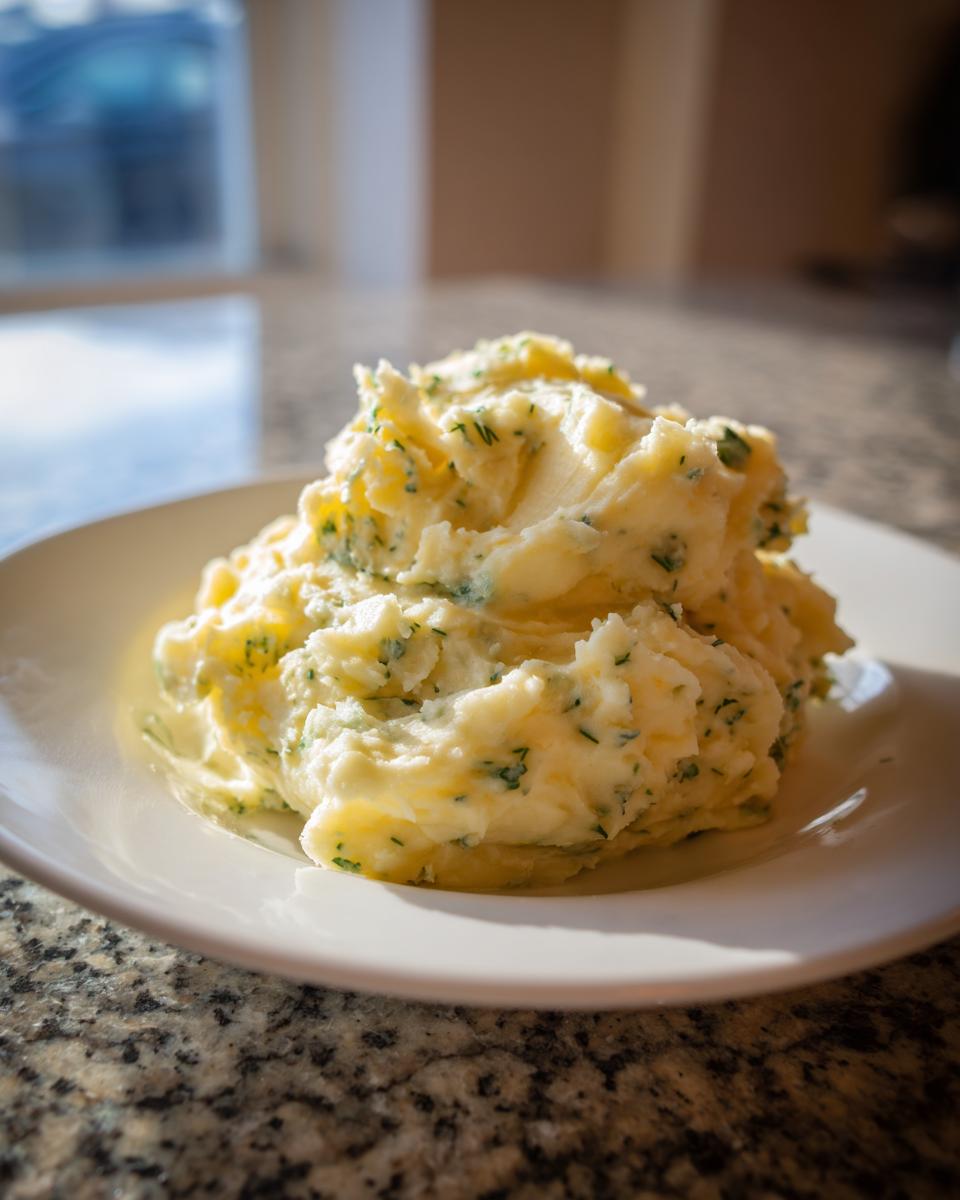 A mound of creamy Boursin mashed potatoes speckled with green herbs served on a white plate.