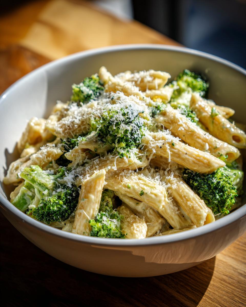 A close-up of creamy broccoli pasta featuring penne, bright green florets, and grated Parmesan cheese in a white bowl.